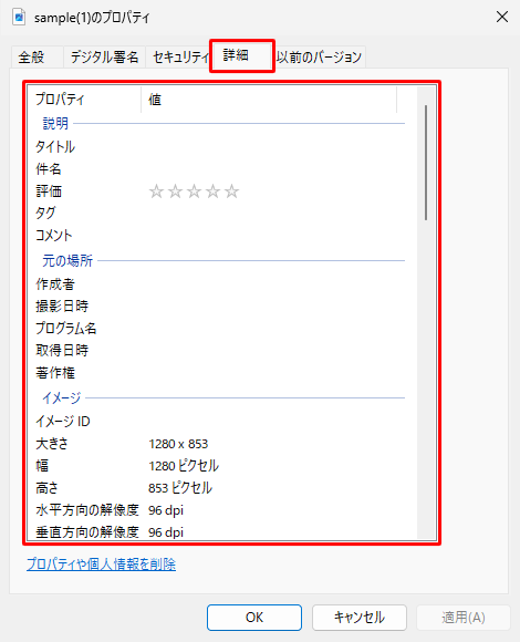 「（ファイル名）のプロパティ」が表示されたら、「詳細」タブをクリックし、表示された一覧から詳細情報が確認できます