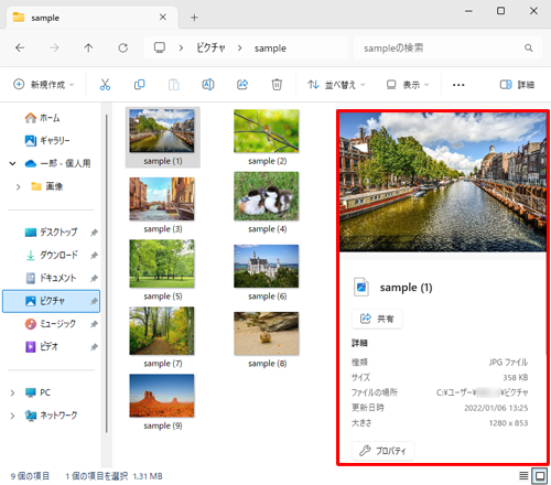 フォルダの右側に詳細情報が確認できます