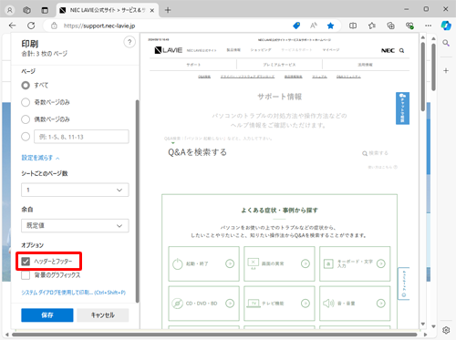 「オプション」欄から、「ヘッダーとフッター」にチェックを入れて有効にします