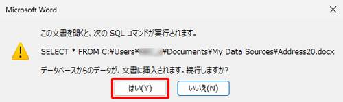 「この文書を開くと、次のSQLコマンドが実行されます。…」というメッセージが表示されたら、「はい」をクリックします