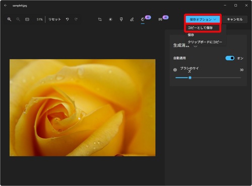 修正が完了したら、画面上部の「保存オプション」をクリックし、表示された一覧から「コピーとして保存」をクリックします