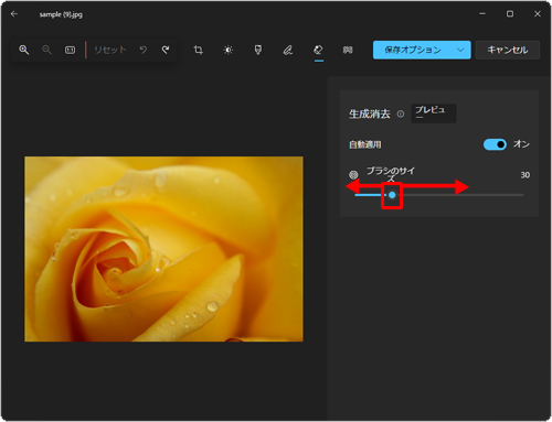 画面右側に「生成消去」メニューが表示されたら、「ブラシのサイズ」欄にあるつまみを左右に動かして、ブラシのサイズを調整します