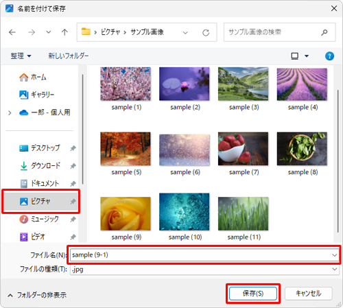 ファイルを保存する先のフォルダーを開き、「ファイル名」ボックスに任意のファイル名を入力し、「保存」をクリックします