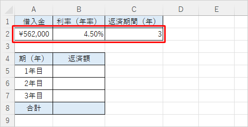 各項目に該当するセルを入力します