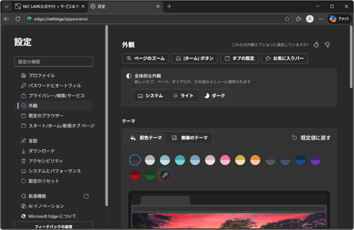 「全体的な外観」をダークに設定（一例）