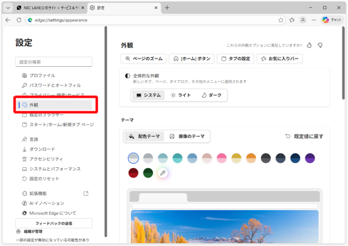 画面左側から「外観」をクリックします