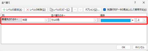 「最優先されるキー」「並べ替えのキー」「順序」ボックスをそれぞれクリックし、表示された一覧から目的の並べ替えの条件を選択します