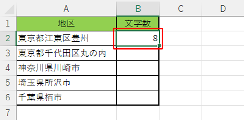 セル「B2」にセル「A2」の文字数が表示されます