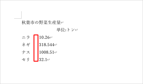 数値を含むすべての行にタブを挿入し、数値の左端を揃えます