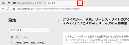 「設定」タブの「×」（タブを閉じる）をクリックして画面を閉じます