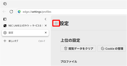 項目が表示されていない場合は、設定の左側にある「アイコン」をクリックしてください