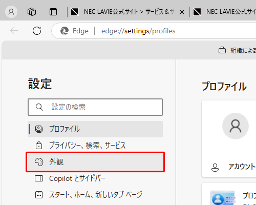 画面左側から「外観」をクリックします
