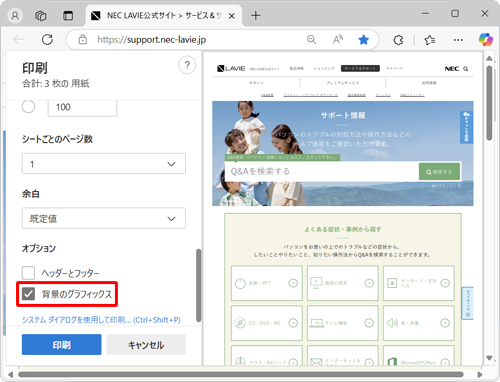 「オプション」欄の「背景のグラフィックス」にチェックを入れます