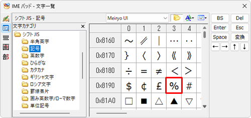 画面右側に表示された一覧から目的の記号をクリックして、「Enter」キーを押します
