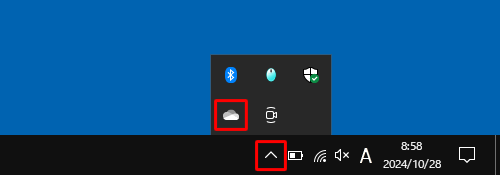 「アイコン」（OneDrive）が表示されていない場合は、タスクバーの通知領域の「アイコン」（隠れているインジケーターを表示します）をクリックし、表示されたメニューから「OneDrive」を右クリックします