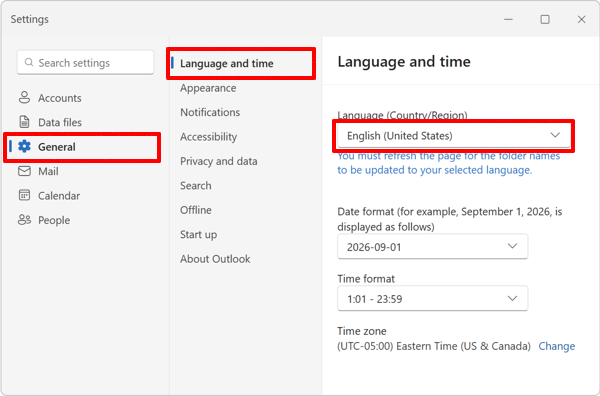 画面左側から「General」をクリックし、「Language and time」が選択されていることを確認し、「Language」のボックスをクリックします