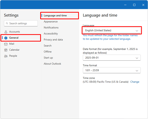画面左側から「General」をクリックし、「Language and time」が選択されていることを確認し、「Language」のボックスをクリックします