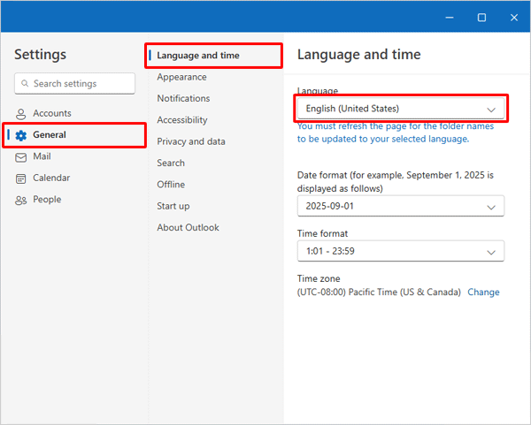 画面左側から「General」をクリックし、「Language and time」が選択されていることを確認し、「Language」のボックスをクリックします