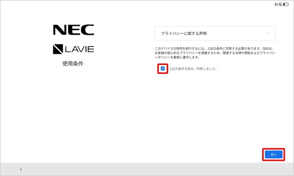 「上記の条件を読み、同意しました。」の前にあるチェックボックスにチェックを入れて、「次へ」をタップします