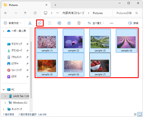 すべてのファイルを選択し、コマンドバーから「アイコン」（コピー）をクリックします