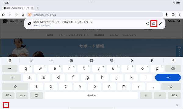 表示された一覧から「アイコン」をタップし、WebページのURLをコピーして、画面左下の「∨」をタップします