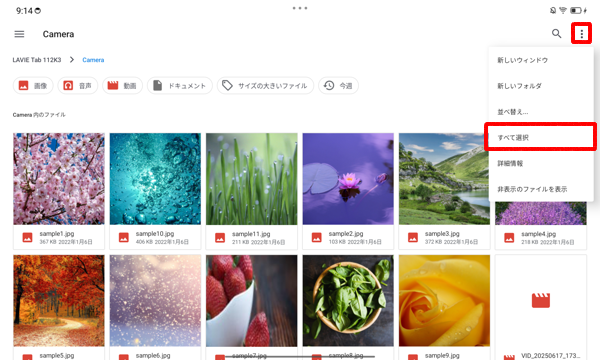 画面右上の「アイコン」をタップし、表示されたメニューから「すべて選択」をタップします