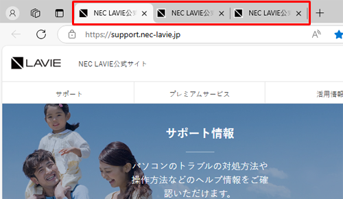 起動時に複数のWebページが表示されている状態（一例）