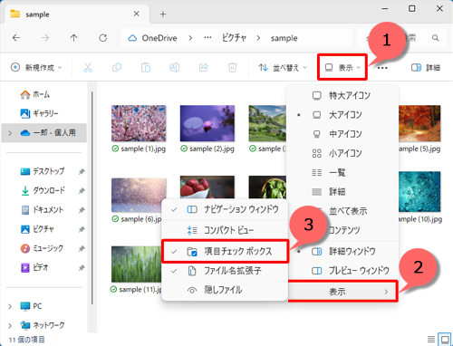 画面上部のメニューから「表示」をクリックし、「表示」にマウスを合わせて、「項目チェックボックス」にチェックを入れます