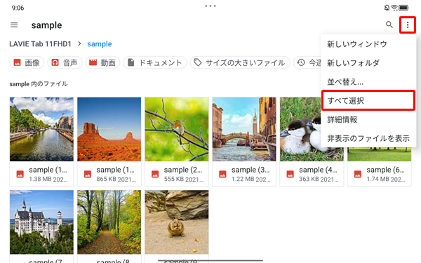 画面右上の「アイコン」をタップし、表示されたメニューから「すべて選択」をタップします