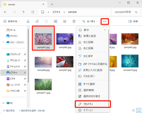 「sample1.jpg」ファイルをクリックし、画面上部のメニューから「アイコン」（もっと見る）クリックして、「プロパティ」をクリックします
