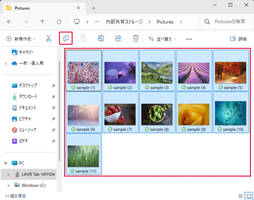 すべてのファイルを選択し、コマンドバーから「アイコン」（コピー）をクリックします