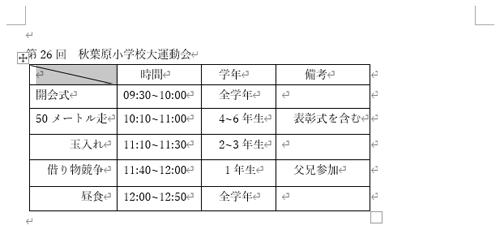 表のセルに斜線を引いた状態