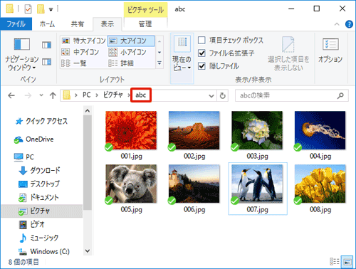 「abc」フォルダーを開き、「Ctrl」キー＋「A」キーを押してすべてのファイルを選択します