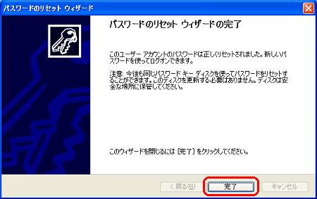 パスワードのリセットウィザードの完了」が表示されるので、「完了」をクリックします