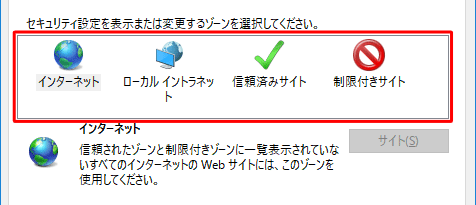 「インターネット」「ローカルイントラネット」「信頼済みサイト」「制限付きサイト」の4つのゾーンに分け、それぞれに制限（セキュリティレベル）を設定します