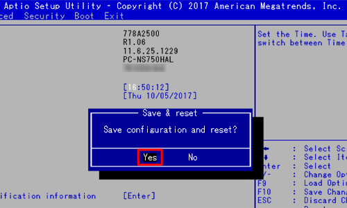 「Save configuration and reset？（設定の変更を保存して終了しますか？）」というメッセージが表示されたら、キーボードの矢印キー（←、→）を使用して「Yes（はい）」を選択し、「Enter」キーを押します