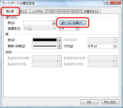 「色と線」タブをクリックし、「塗りつぶし効果」をクリックします