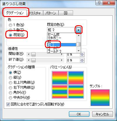 「グラデーション」タブより、「色」欄の「既定」をクリックし、「既定の色」ボックスの▼をクリックし、「虹2」をクリックします