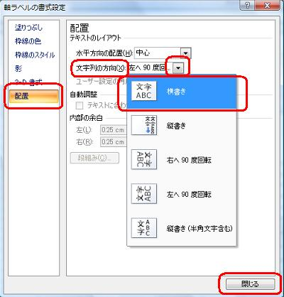 左側から「配置」をクリックし、「文字列の方向」ボックスの▼をクリックして、表示された一覧から好みの方向を指定したら、「閉じる」をクリックします
