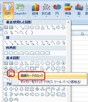 挿入したい図形を右クリックし、表示された一覧から「描画モードのロック」をクリックします