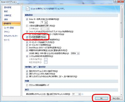 「セルを直接編集する」にチェックが入ったことを確認して、「OK」をクリックします