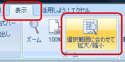 リボンから「表示」タブをクリックし、「ズーム」グループの「選択範囲に合わせて拡大/縮小」をクリックします