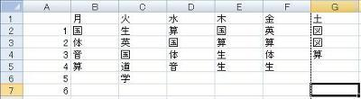 セルに曜日や時間、科目を入力します