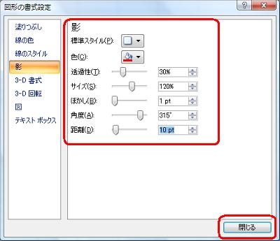 画面左側の「影」が選択されていることを確認し、「色」以下の項目を設定して「閉じる」をクリックします