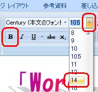 「フォントサイズ」から「14」と「太字」をクリック