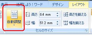 作成した表で任意のセルをクリックし、リボンから「レイアウト」タブをクリックして、「セルのサイズ」グループの「自動調整」をクリックします