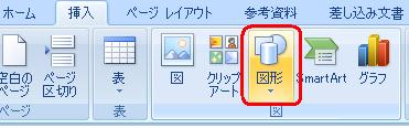 リボンから「挿入」タブをクリックし、「図」グループの「図形」をクリックします