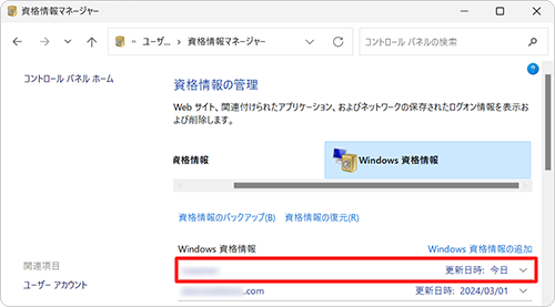 「Windows資格情報」欄に資格情報が追加されたことを確認してください